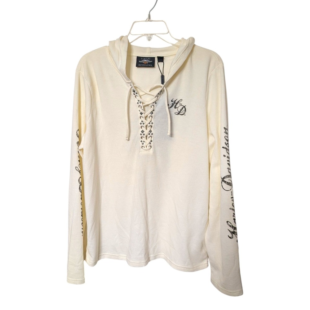 Harley-Davidson Cream Skull Rhinestone Waffle Knit Lace Up Henley Hoodie NWT 2XL - Picture 2 of 10